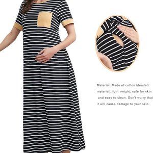 Soft Comfy maxi Dress Short Sleeve Round Neck Loose Fit Striped Pregnancy easy